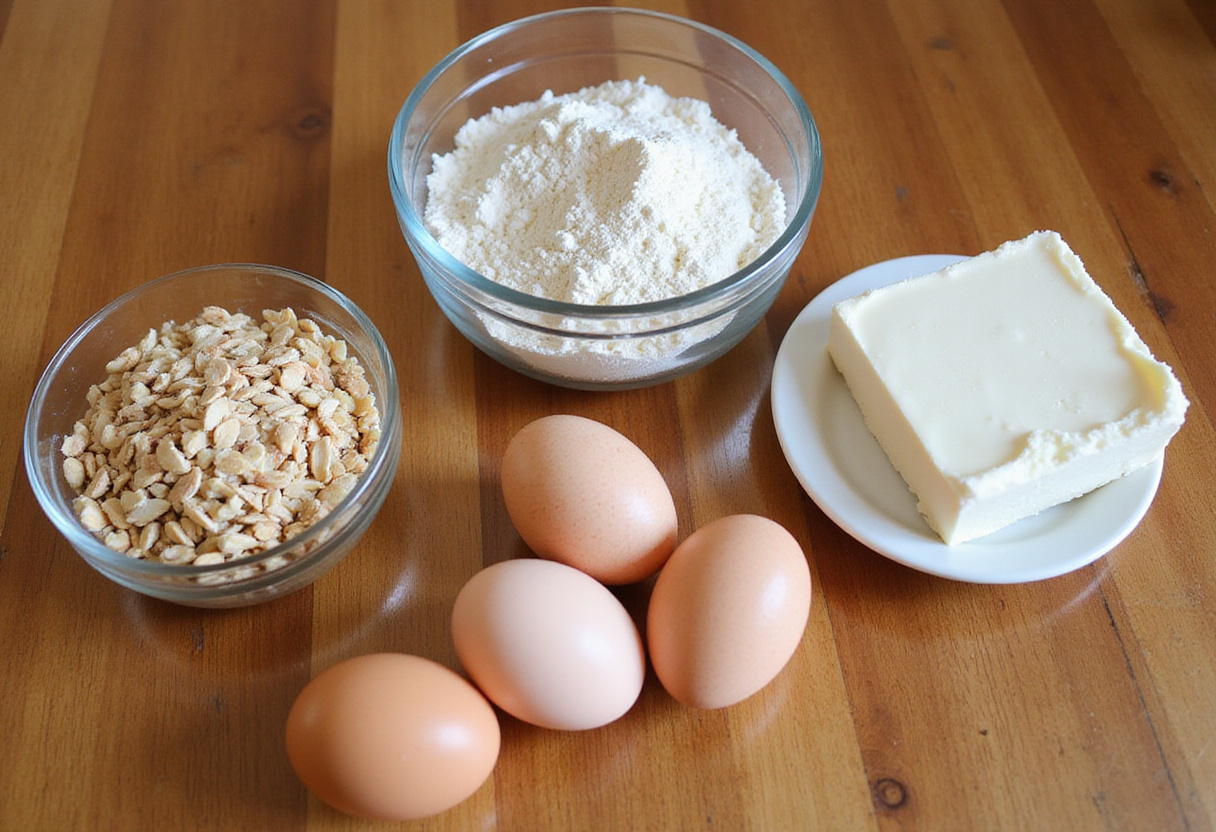 Ingredientes cetogénicos como harina de almendras, psyllium husk y huevos listos para hacer Pan Keto perfecto.