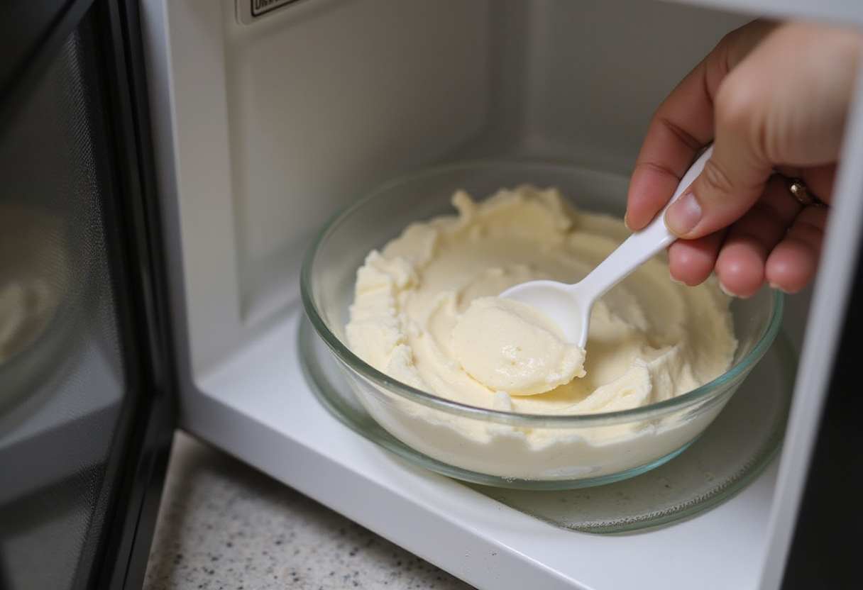 Queso crema suavizándose en el microondas para facilitar la mezcla en la receta del Pan Keto perfecto.