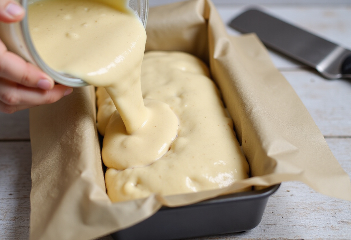 Masa de keto vertiéndose en un molde para pan con papel pergamino, lista para hornear el Pan Keto perfecto.