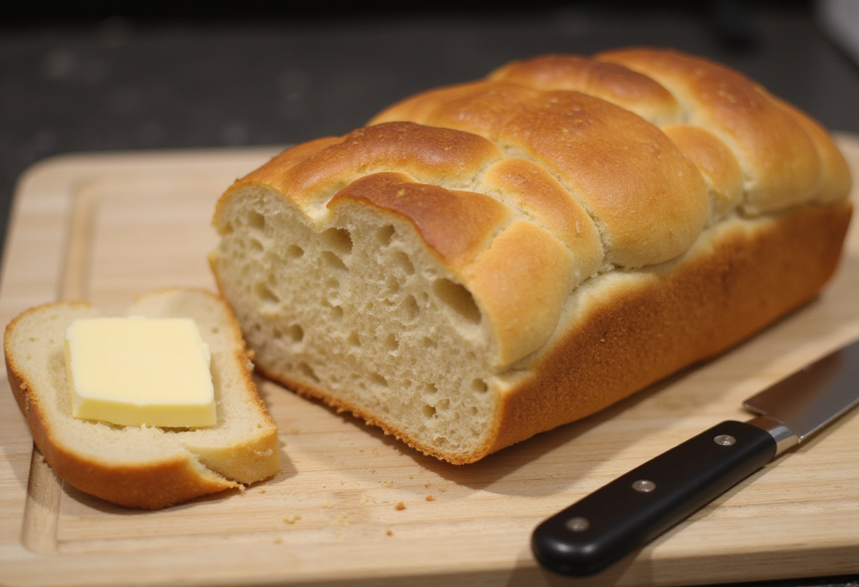 Perfectly baked gluten-free bread, 'El secreto de un Pan Sin Gluten perfecto', sliced and ready to serve.
