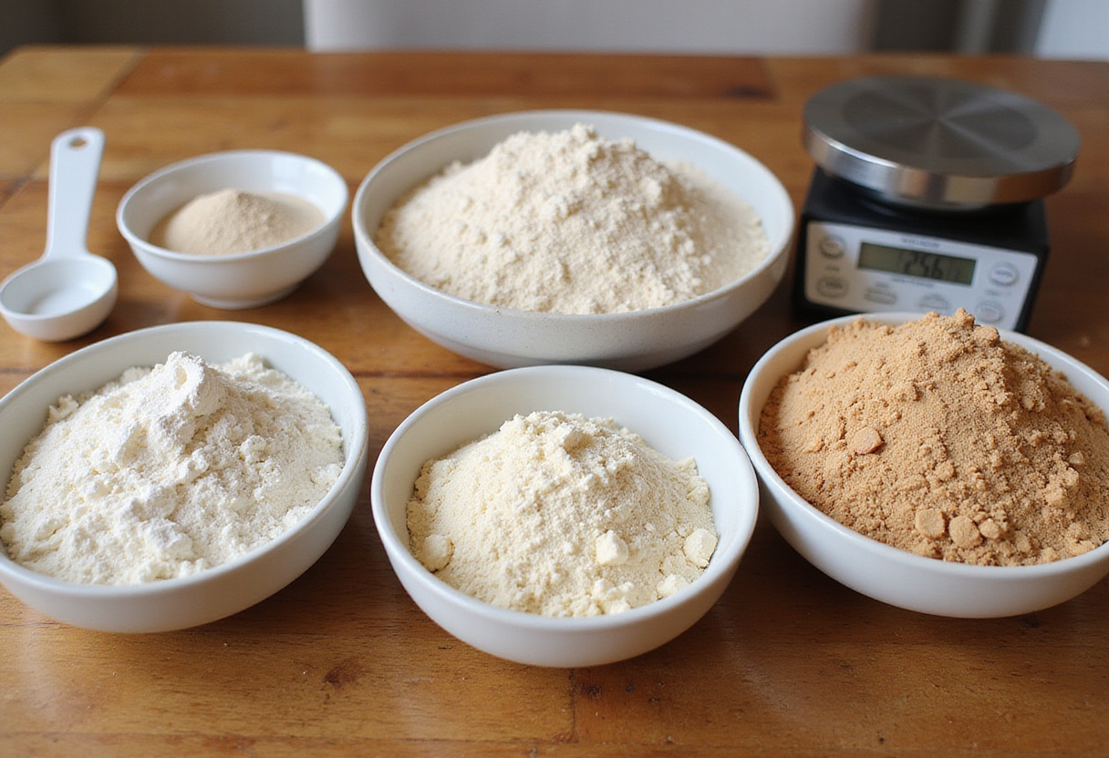 Various gluten-free flours for preparing 'El secreto de un Pan Sin Gluten perfecto'.