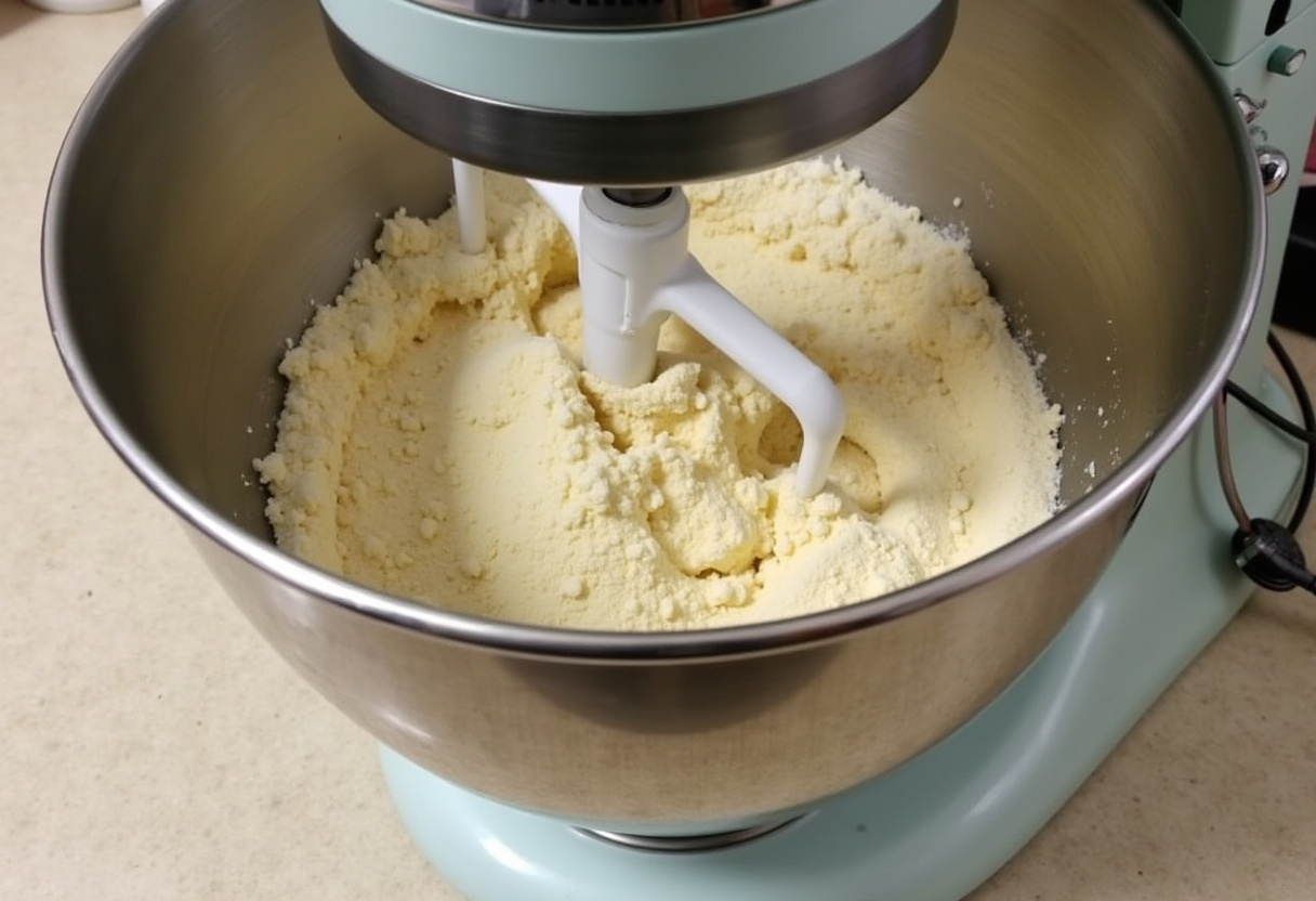 Mixing gluten-free ingredients for 'El secreto de un Pan Sin Gluten perfecto' in a stand mixer.