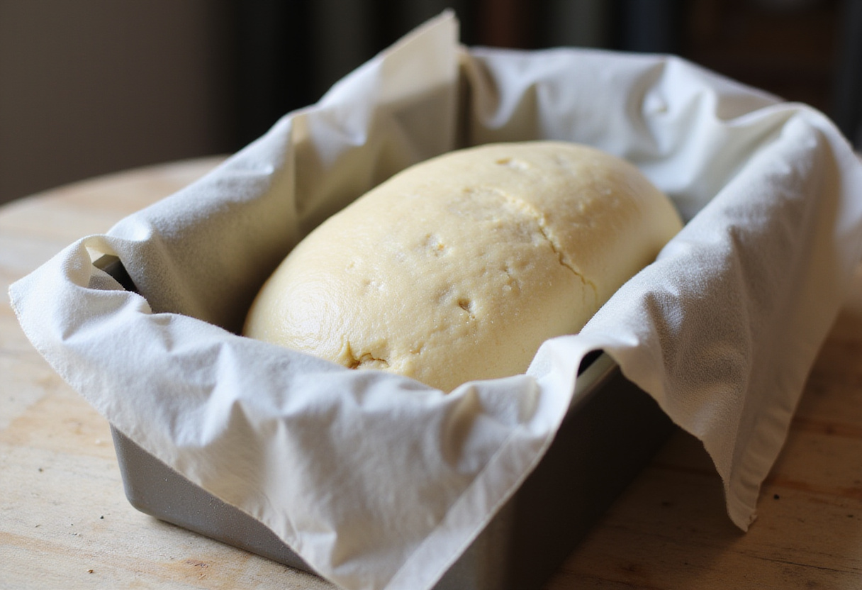 Gluten-free dough in a bread pan, ready for baking 'El secreto de un Pan Sin Gluten perfecto'.