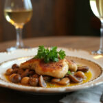Plato terminado de Émincés de Poulet Moutarde, Lardons et Champignons, decorado con perejil fresco y acompañado de vino blanco.