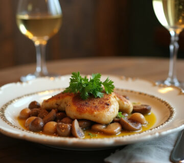 Plato terminado de Émincés de Poulet Moutarde, Lardons et Champignons, decorado con perejil fresco y acompañado de vino blanco.
