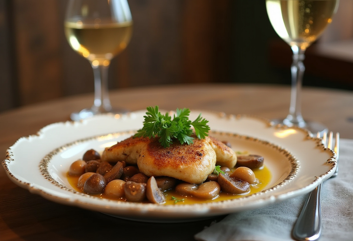 Plato terminado de Émincés de Poulet Moutarde, Lardons et Champignons, decorado con perejil fresco y acompañado de vino blanco.