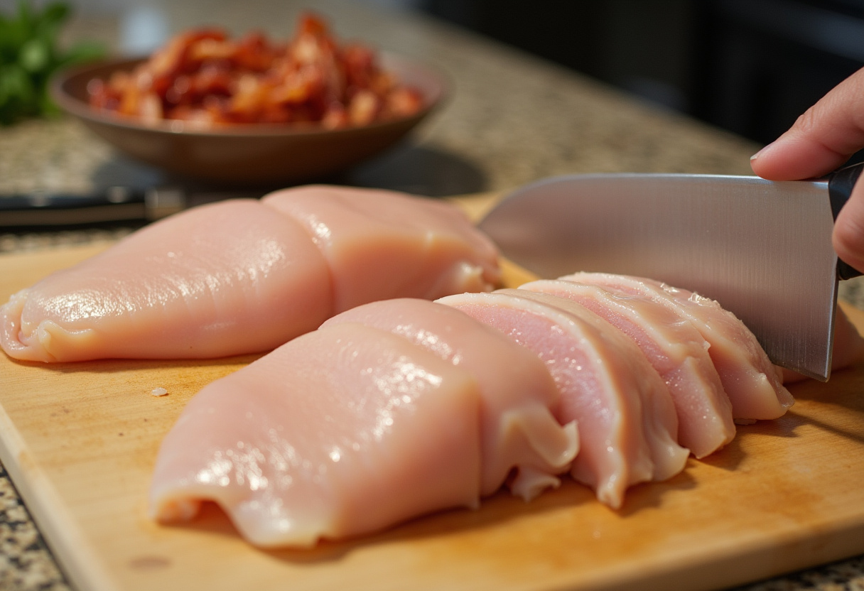 Pechuga de pollo fresca siendo cortada en tiras finas para Émincés de Poulet Moutarde, Lardons et Champignons.