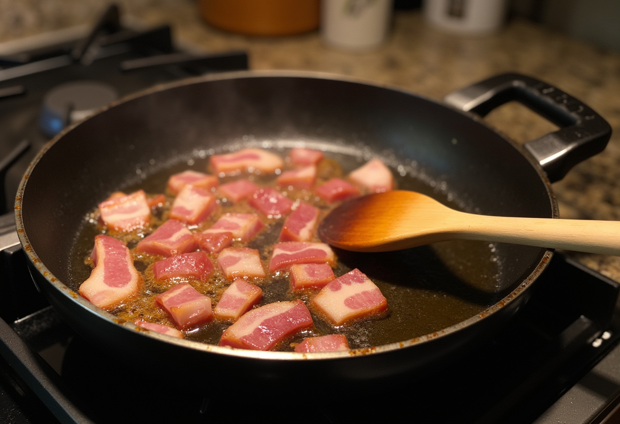 Tocino dorándose en una sartén para la receta de Émincés de Poulet Moutarde, Lardons et Champignons.