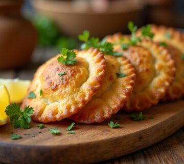 Empanadas de bacalao y pasas recién horneadas, doradas y listas para servir.