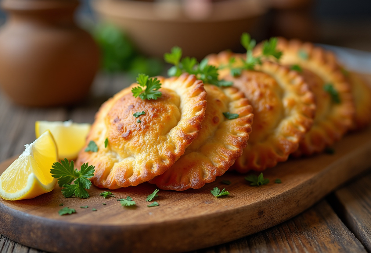 Empanadas de bacalao y pasas recién horneadas, doradas y listas para servir.