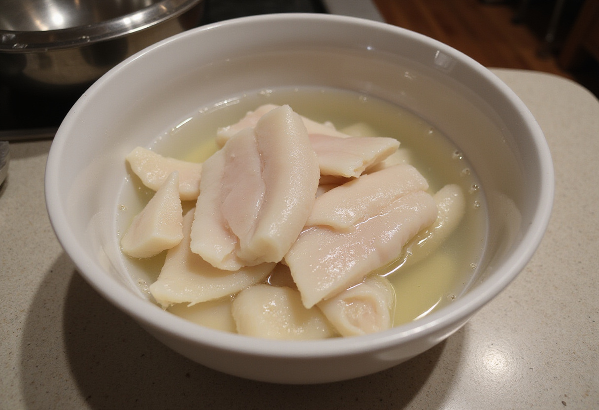 Remojando el bacalao desmenuzado para la Ensalada de Naranja y Bacalao para eliminar el exceso de sal.