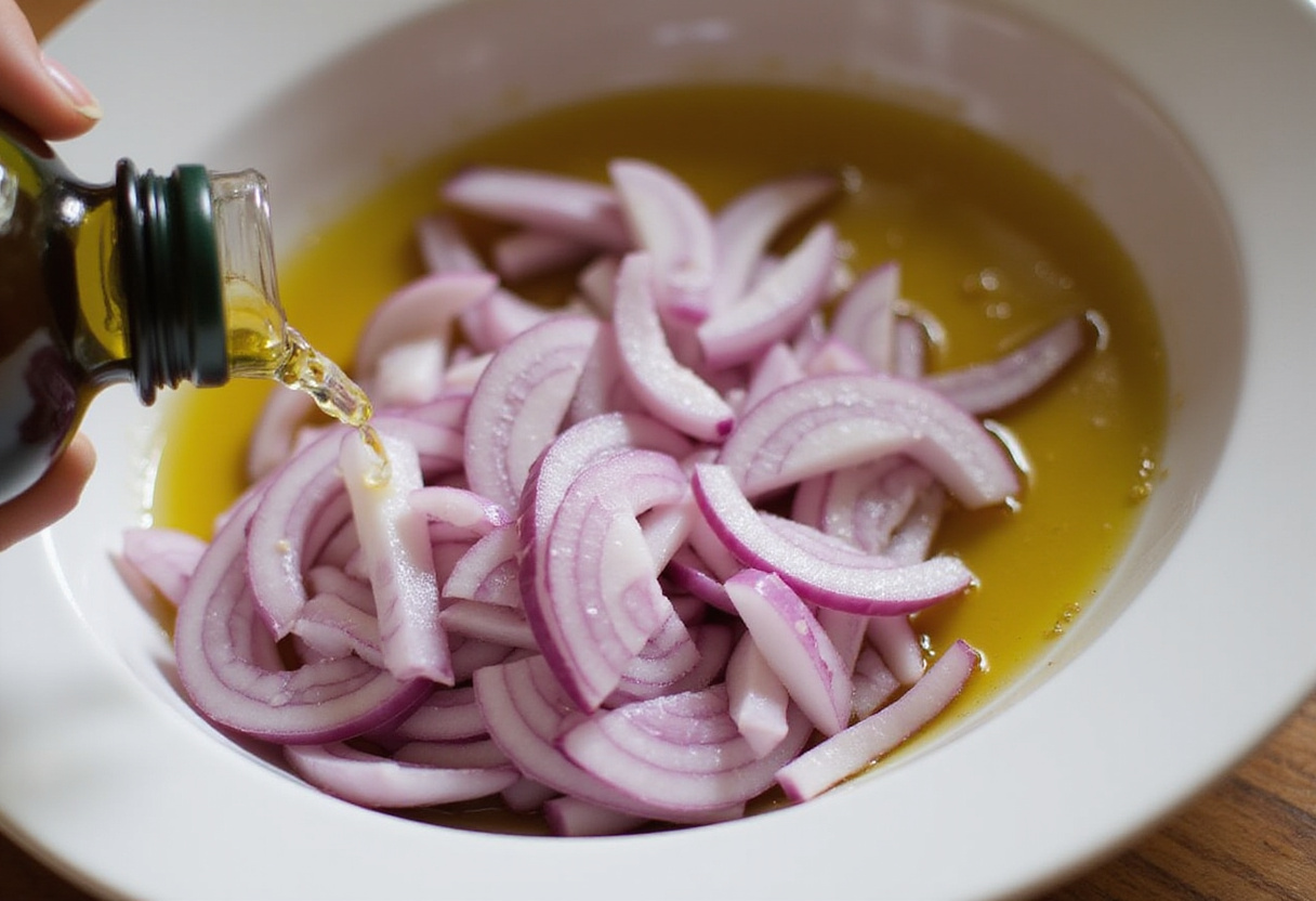 Preparando cebollas rojas para la vinagreta de la Ensalada de Naranja y Bacalao.