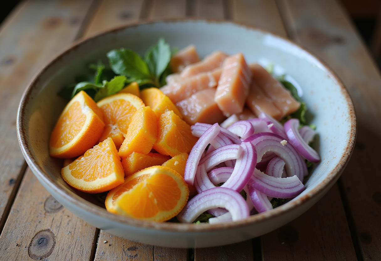 Combinando ingredientes para una refrescante Ensalada de Naranja y Bacalao.