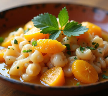Ensalada de bacalao con naranja terminada, decorada con perejil fresco y aceite de oliva, lista para servir.