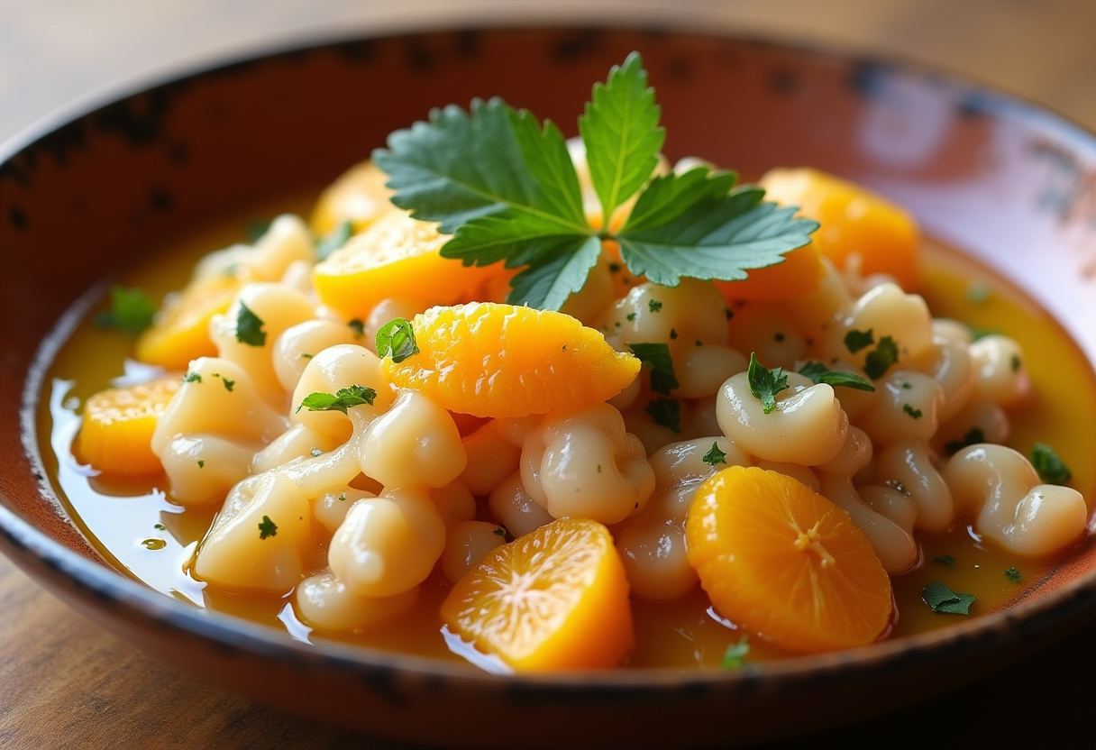 Ensalada de bacalao con naranja terminada, decorada con perejil fresco y aceite de oliva, lista para servir.