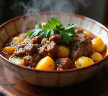 Estofado de ternera con patatas terminado, con carne tierna, patatas y salsa espesa, listo para servir.