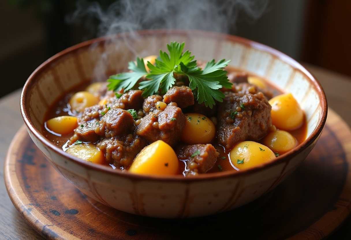 Estofado de ternera con patatas terminado, con carne tierna, patatas y salsa espesa, listo para servir.