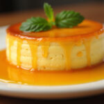 Flan de huevo casero terminado, desmoldado con caramelo dorado y decorado con menta fresca.