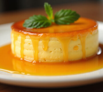 Flan de huevo casero terminado, desmoldado con caramelo dorado y decorado con menta fresca.
