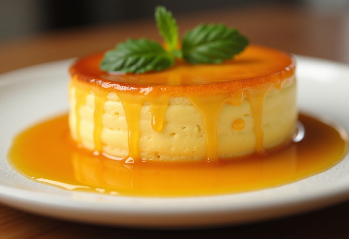 Flan de huevo casero terminado, desmoldado con caramelo dorado y decorado con menta fresca.
