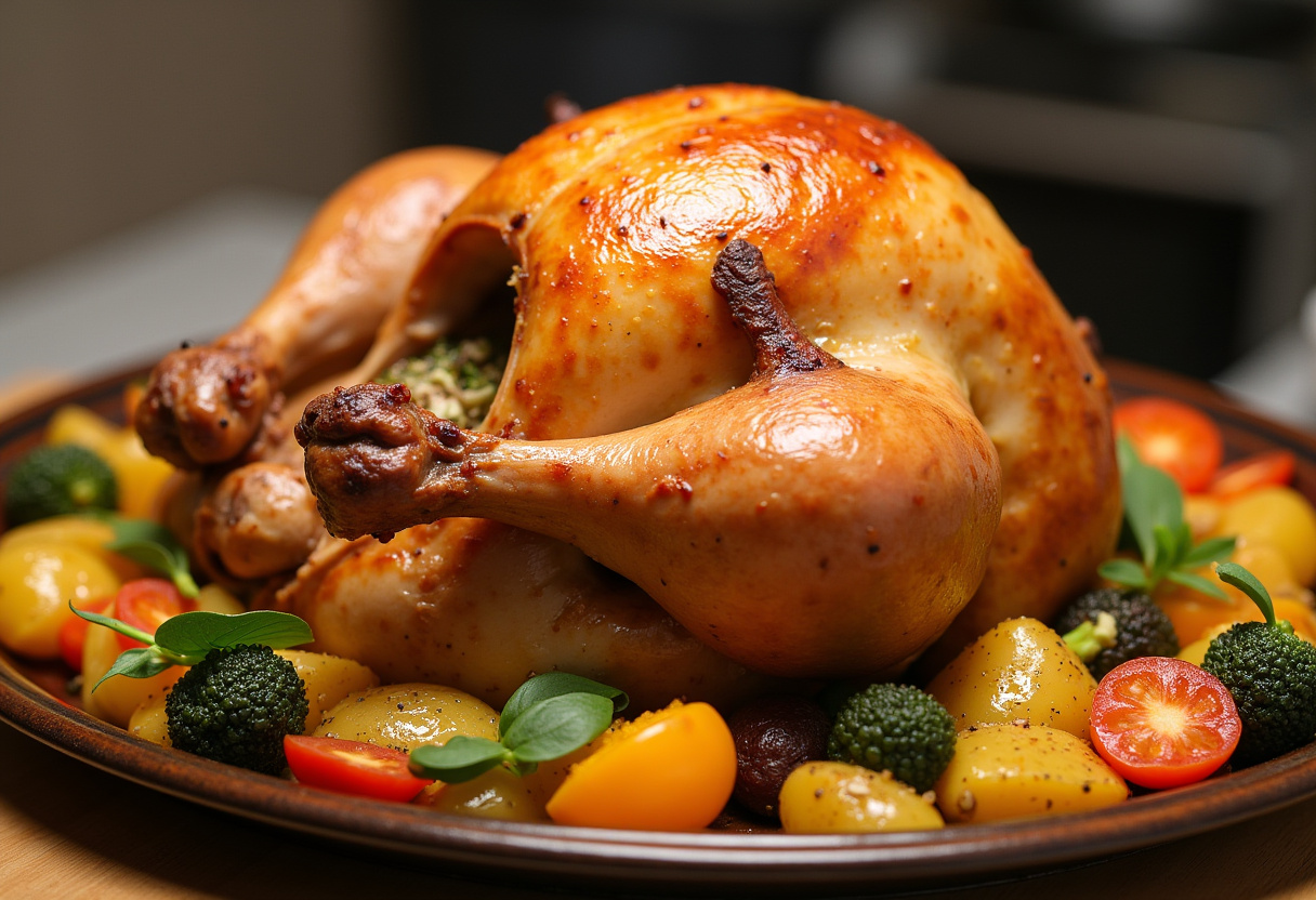 Gallo al horno con verduras, jugoso y dorado, acompañado de verduras asadas, listo para servir.
