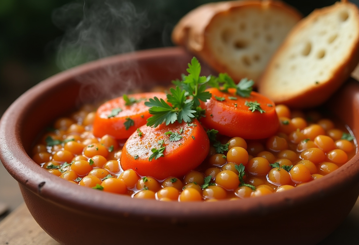 Plato terminado de garbanzos con langostinos, decorado con perejil y aceite de oliva, listo para servir.