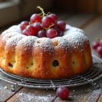 Gâteau aux raisins terminado, decorado con azúcar glas y uvas frescas.
