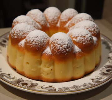 Golden-brown Gâteau de semoule au four with powdered sugar, ready to serve.