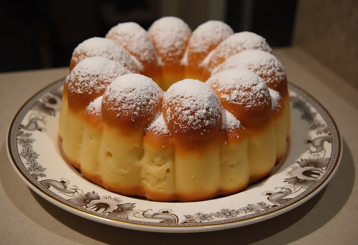 Golden-brown Gâteau de semoule au four with powdered sugar, ready to serve.