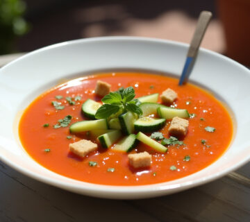 Gazpacho andaluz frío servido en un tazón, decorado con pepino, croutones y aceite de oliva, ideal para el verano.