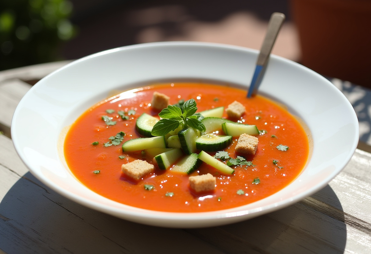 Gazpacho andaluz frío servido en un tazón, decorado con pepino, croutones y aceite de oliva, ideal para el verano.
