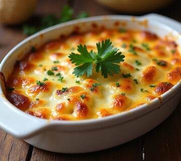 Delicious Gratin de Coquillettes à la Raclette et Viande Hachée with melted cheese and fresh parsley.