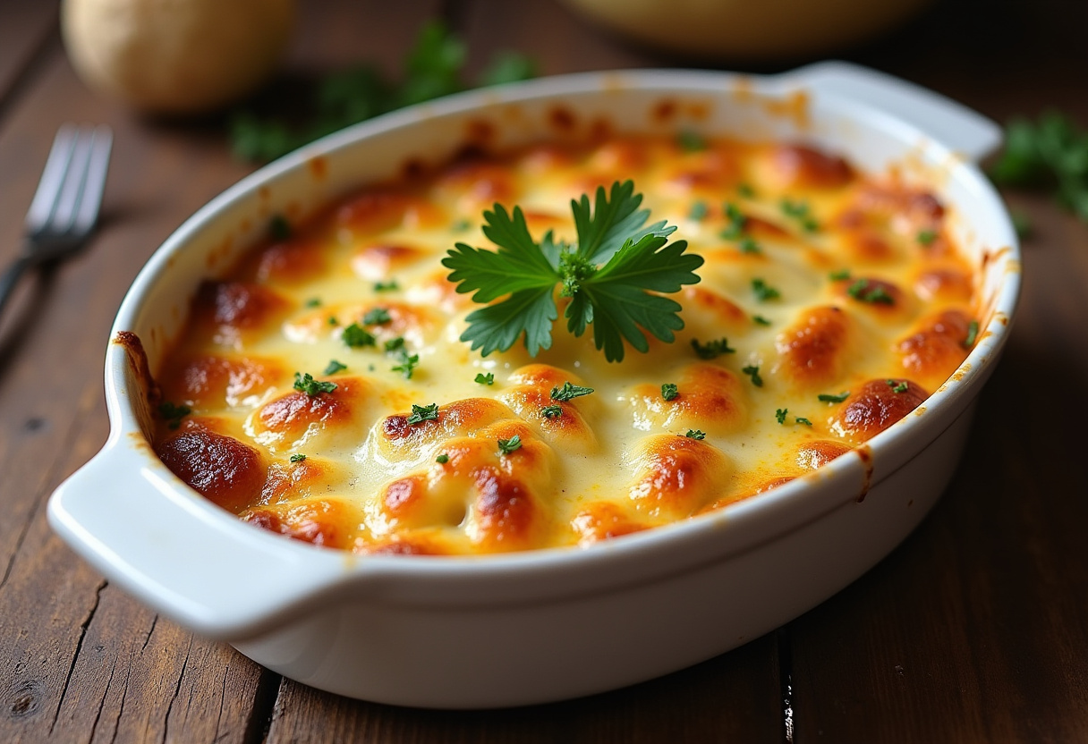 Delicious Gratin de Coquillettes à la Raclette et Viande Hachée with melted cheese and fresh parsley.