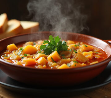 Delicious Guiso de patatas con bacalao ready to serve, a traditional Spanish dish.