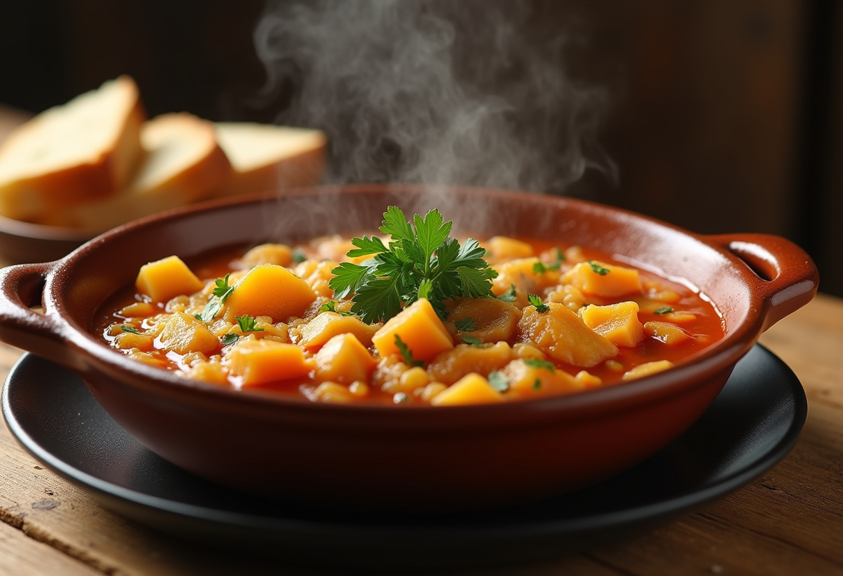 Delicious Guiso de patatas con bacalao ready to serve, a traditional Spanish dish.