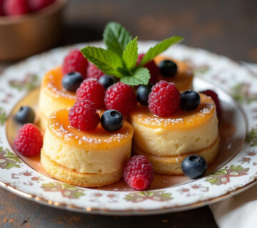 Hojaldres rellenos de crema pastelera decorados con frutas frescas y hojas de menta, listos para servir.