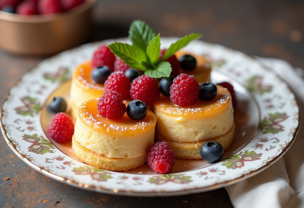 Hojaldres rellenos de crema pastelera decorados con frutas frescas y hojas de menta, listos para servir.