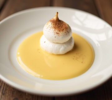 Islas flotantes con crema inglesa servidas en un plato, decoradas con caramelo o cacao.