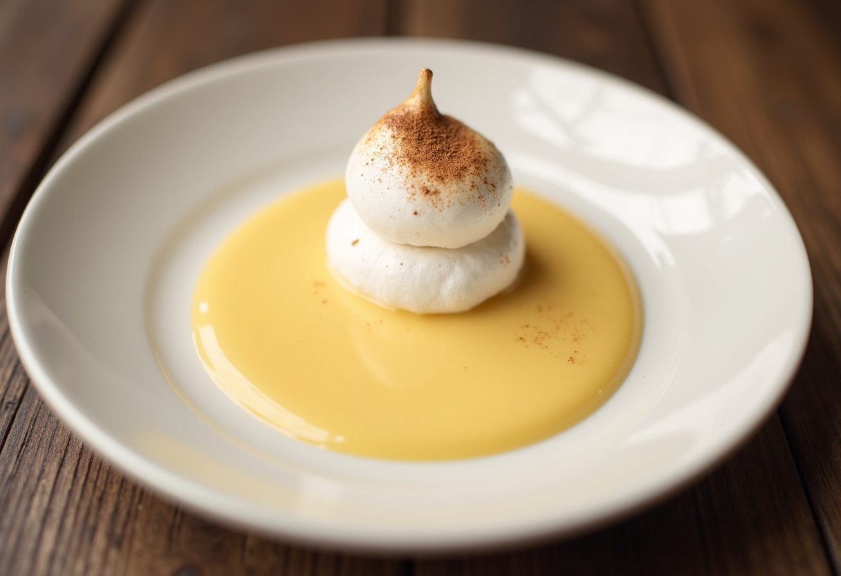 Islas flotantes con crema inglesa servidas en un plato, decoradas con caramelo o cacao.