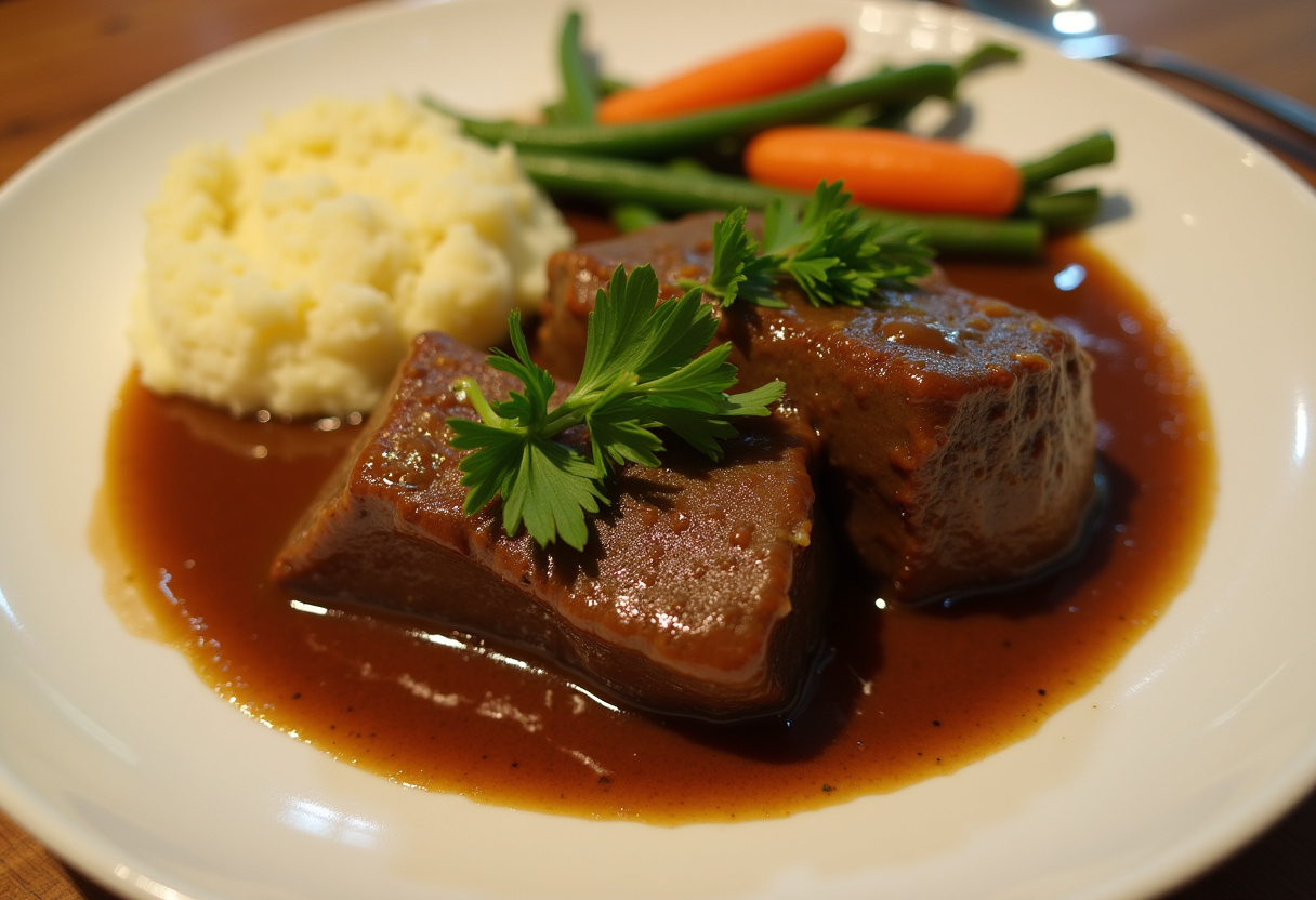 Jarrete de ternera guisado servido con salsa espesa, puré de patatas y verduras, listo para disfrutar.