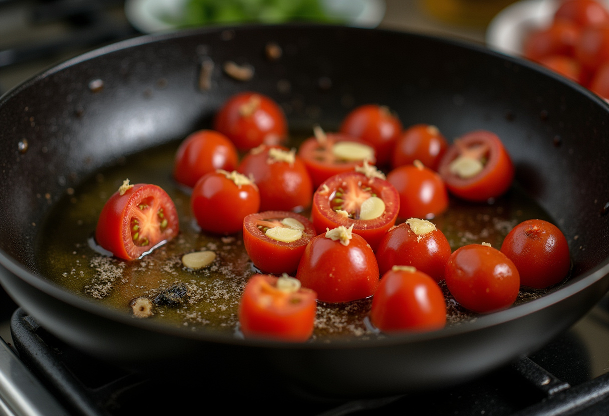Aceite de oliva calentándose en una sartén para saltear tomate y ajo para las judías verdes.