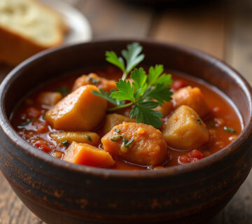 Traditional Judiones de La Granja stew served in a bowl with fresh parsley and bread.
