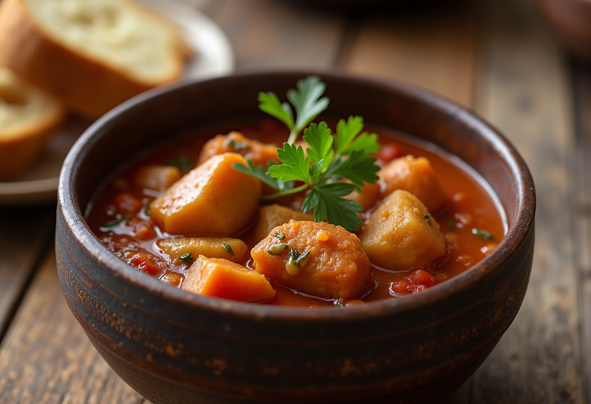Traditional Judiones de La Granja stew served in a bowl with fresh parsley and bread.