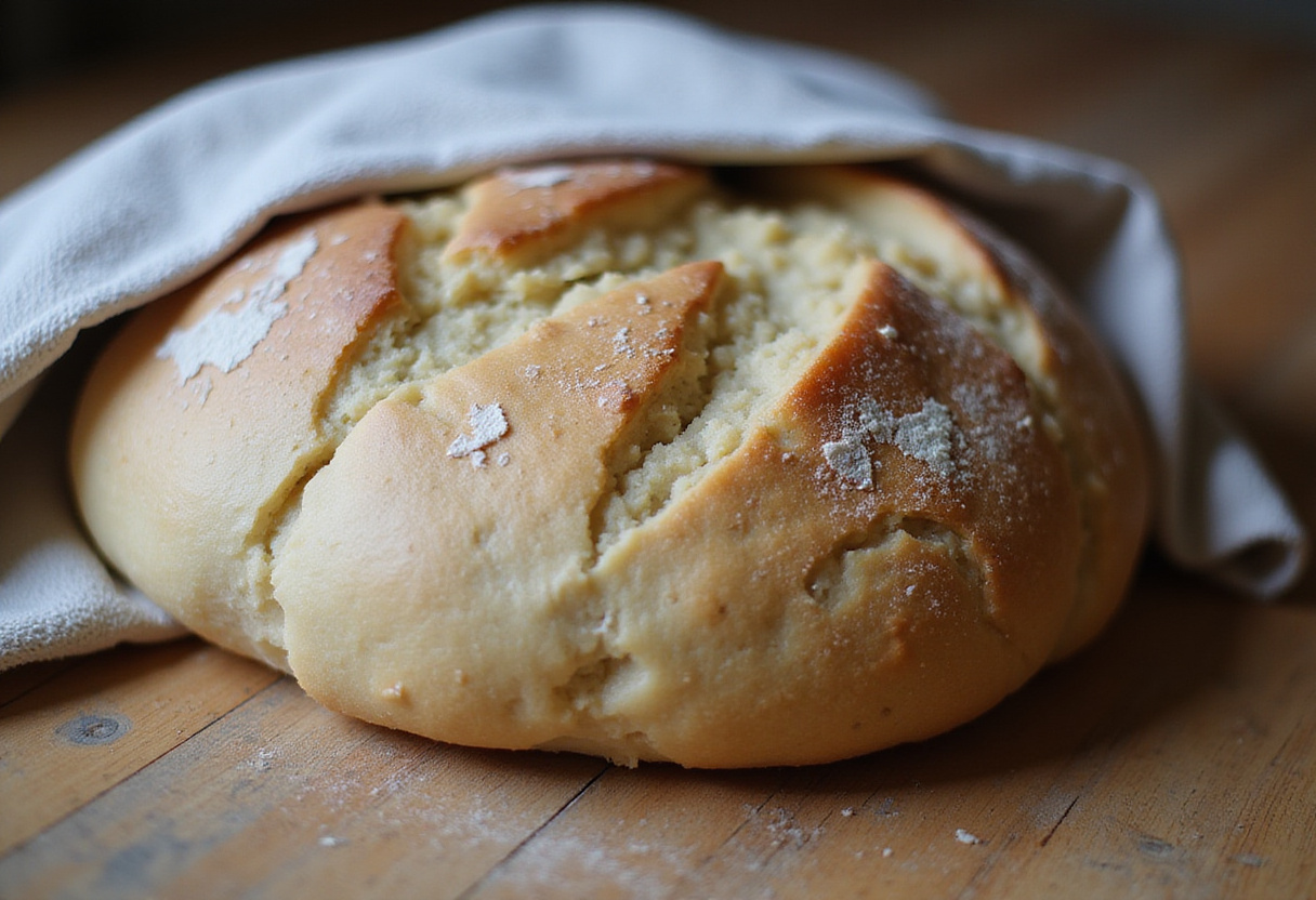 Rye bread dough rising under a kitchen towel before baking.