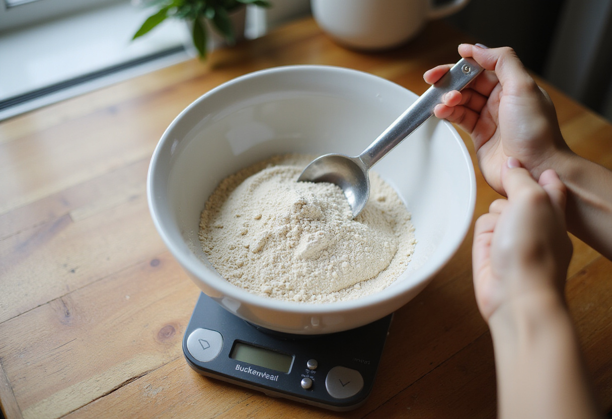 Measuring buckwheat flour for the ultimate buckwheat bread recipe.