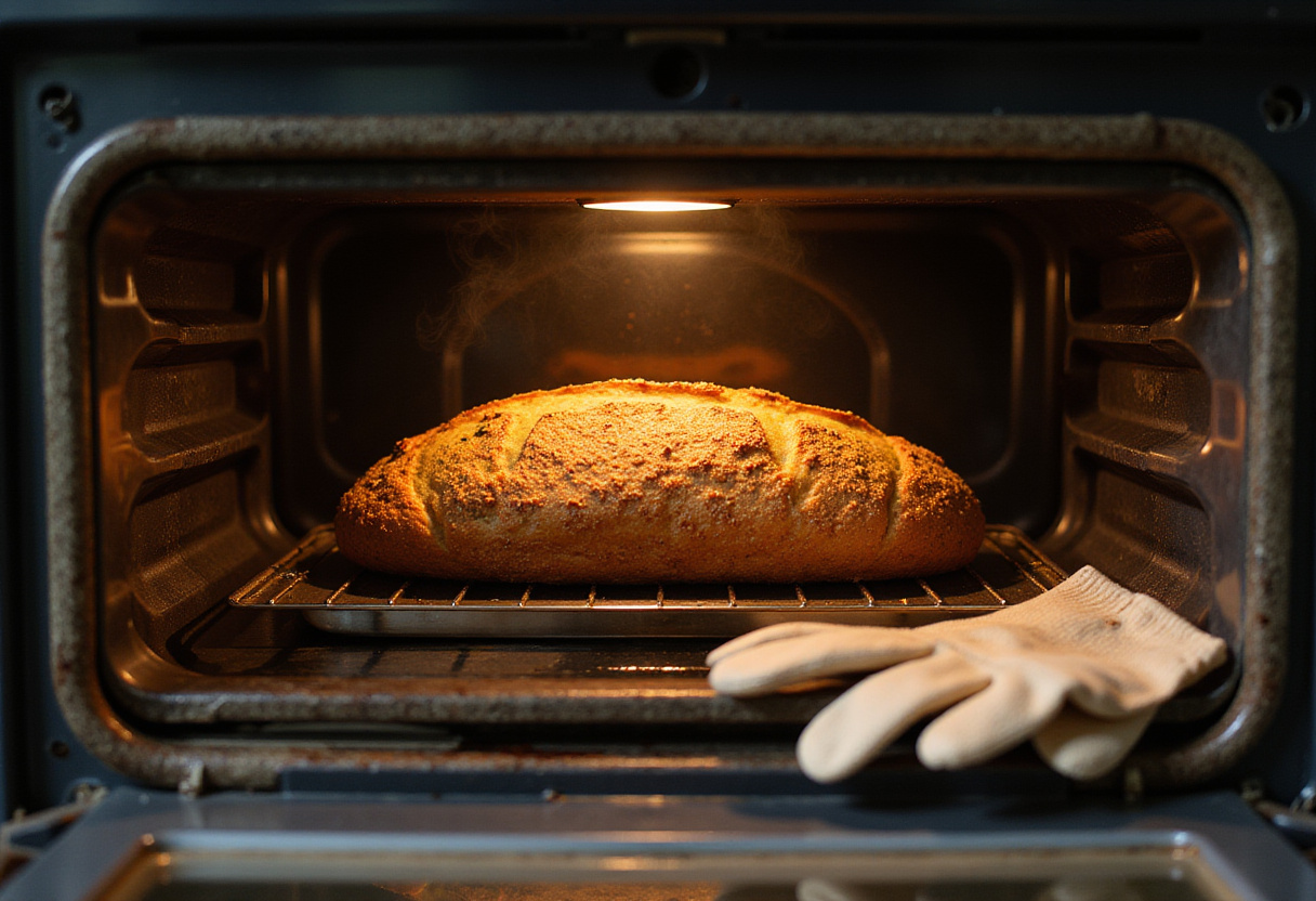 Ultimate buckwheat bread baking inside a hot oven, golden brown and delicious.