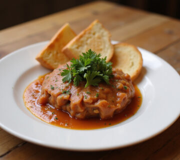 Delicious plate of Tartar De Fuet garnished with parsley and served with toasted bread.