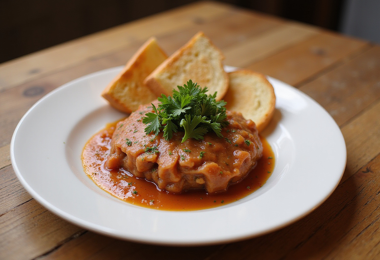 Delicious plate of Tartar De Fuet garnished with parsley and served with toasted bread.