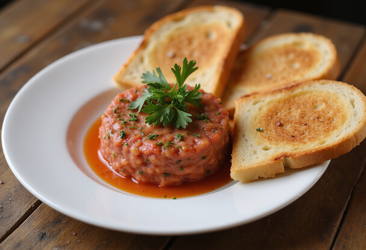 Delicious plate of Tartar De Fuet garnished with parsley and served with toasted bread.