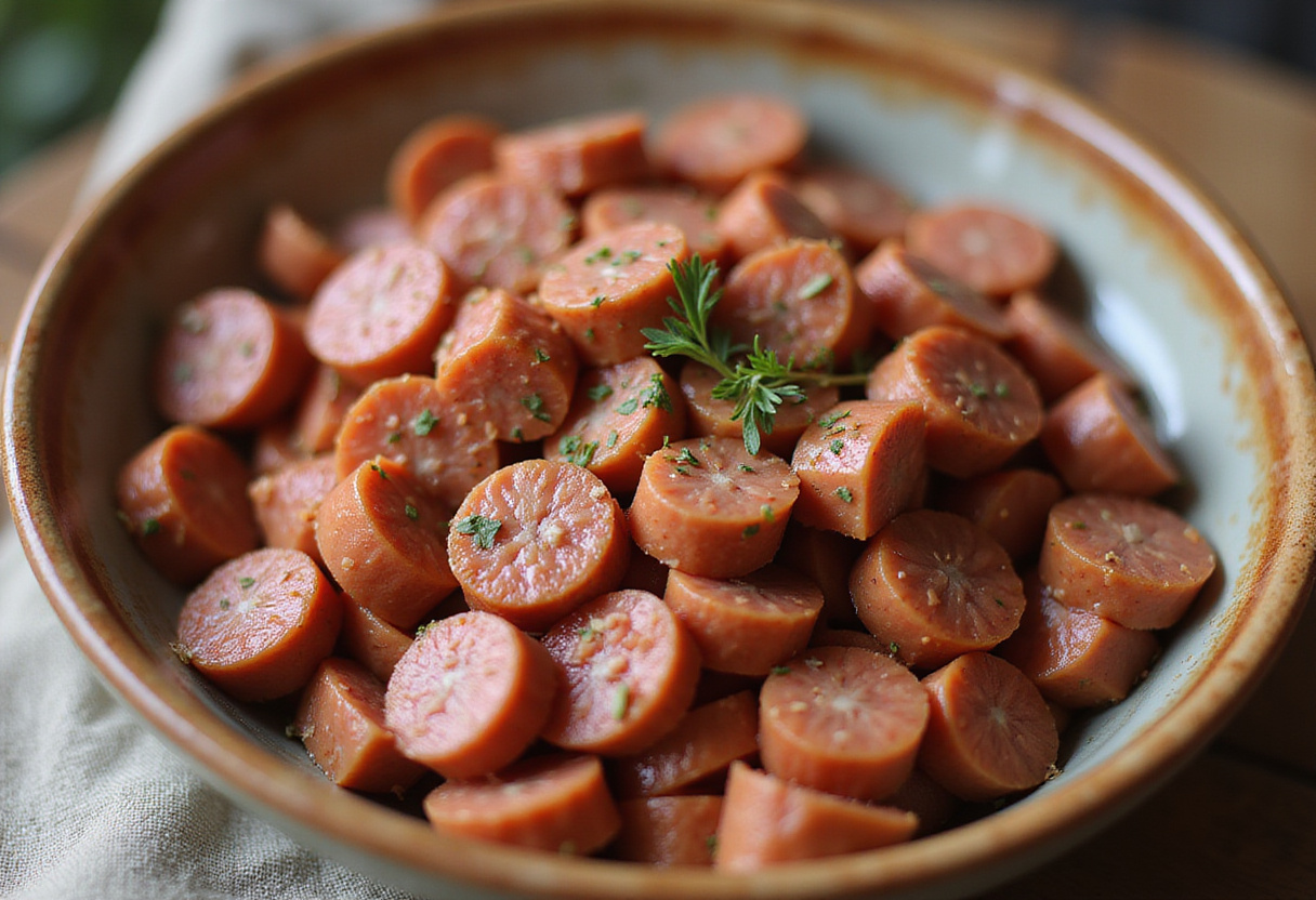 Diced fuet sausage in a bowl for making Tartar De Fuet.